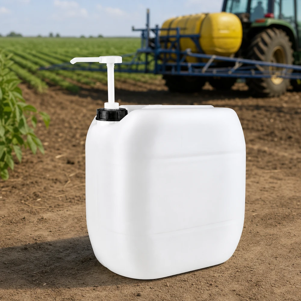 Jerrican de 30 litres avec pompe doseuse Bidon de 30 litres équipé d'une pompe doseuse, utilisé dans le cadre d'une exploitation agricole sur un champ