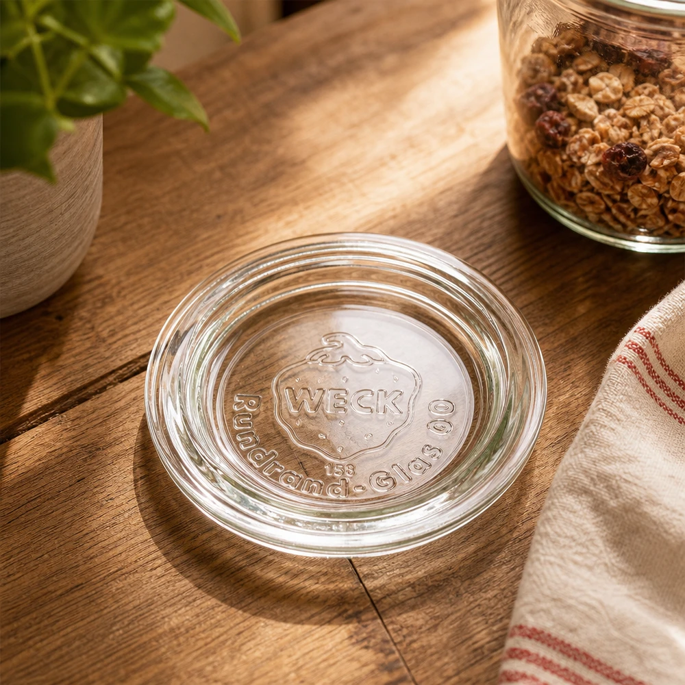 Coperchio del vaso WECK RR60 Coperchio in vetro WECK RR60 trasparente su tavolo in legno con barattolo per il muesli e scena di cucina rustica in tessuto da cucina