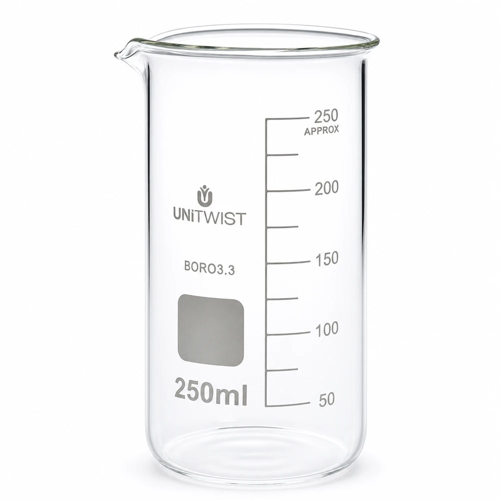 Bicchiere 250ml borosilicato, stampo alto UNITWIST Bicchiere da laboratorio da 250 ml, modello alto, in vetro borosilicato di UNITWIST con scala in millilitri