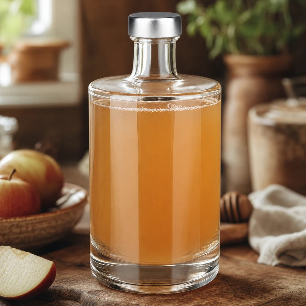 Bottiglia in vetro da 500 ml Sam e tappo a vite argento UNiTWIST® Bottiglia di vetro da 500 ml Sam riempita di succo di mela accanto a mele e miele cucina naturale aspetto caldo legno