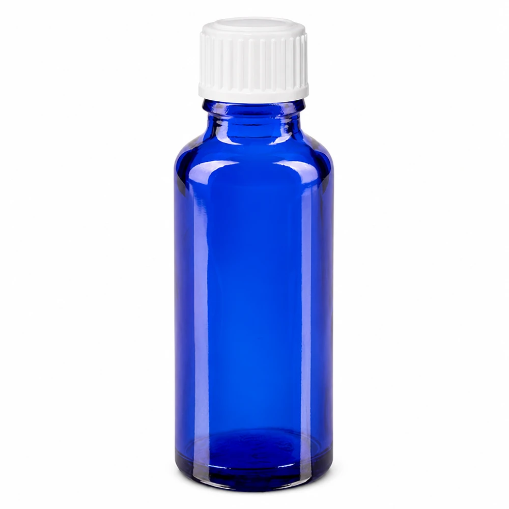 Apothekerglasflasche blau 30ml zylindrisch mit weißem Schraubverschluss