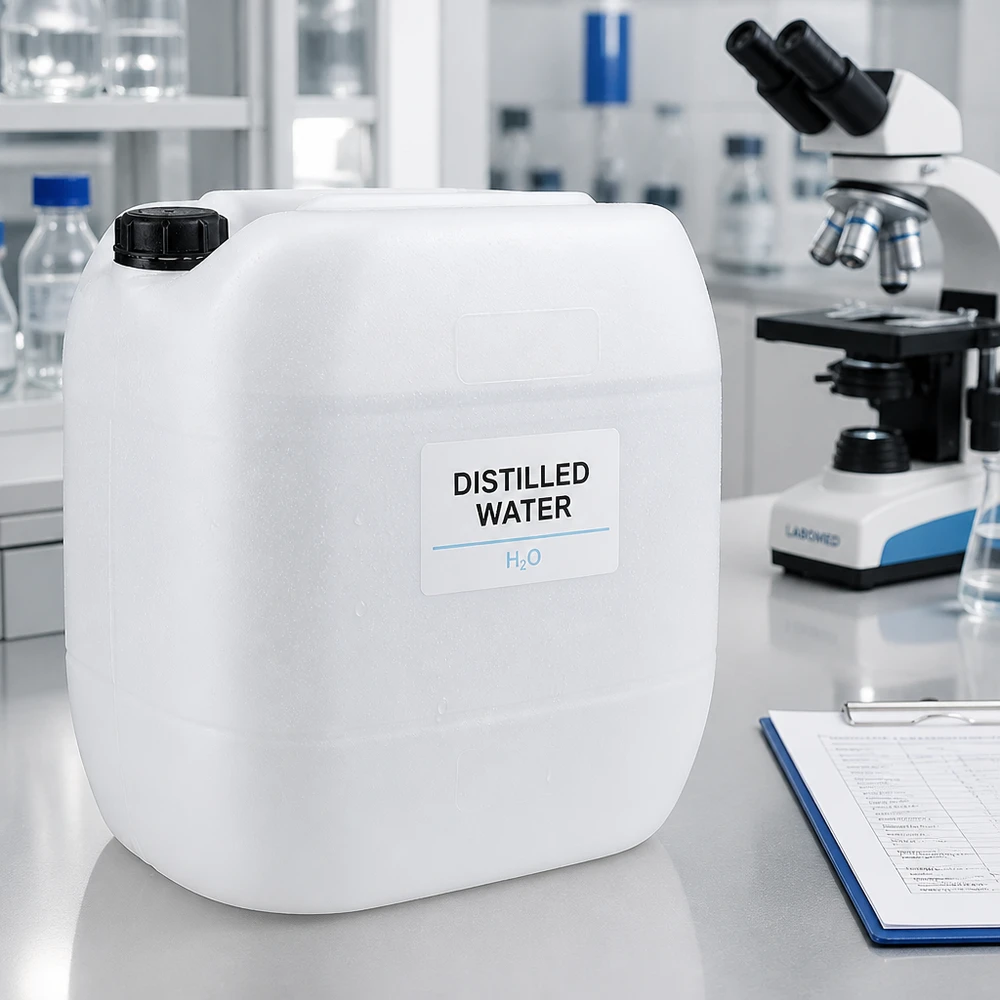 Jerrican de 30 litres avec bouchon à vis Eau distillée H₂O en bidon de 30 litres muni d'un bouchon à vis, en laboratoire