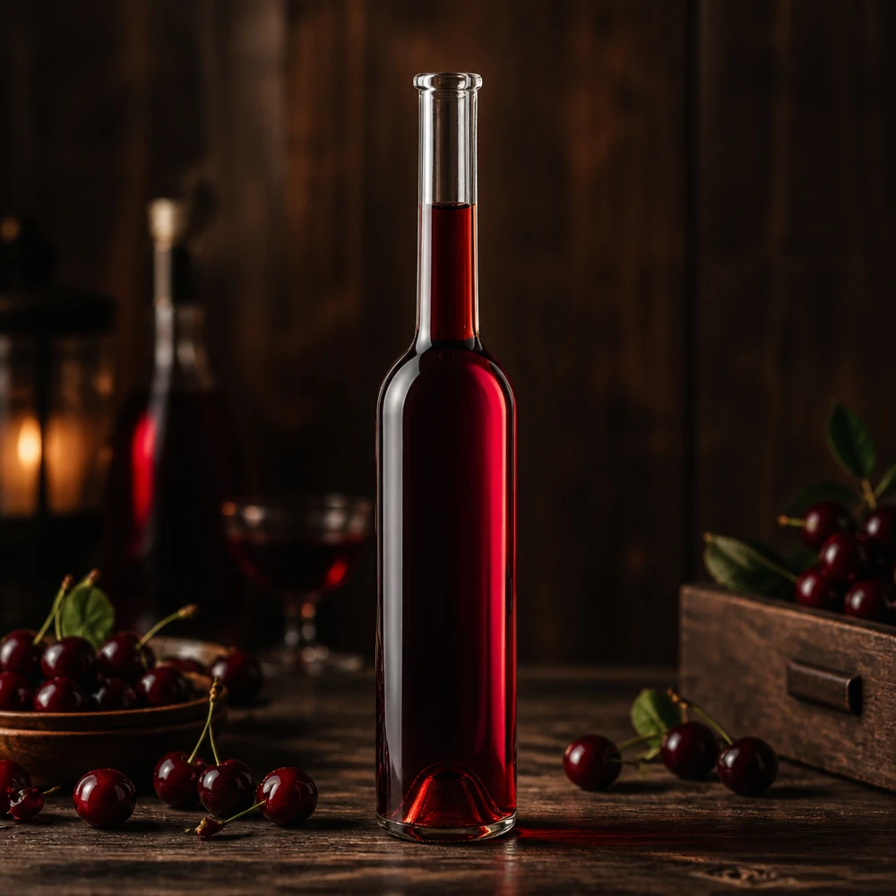 100ml Glasflasche Hugo mit Kirschlikör befüllt atmosphärische Beleuchtung Fruchtbrände Destillerie UNiTWIST Produktbild