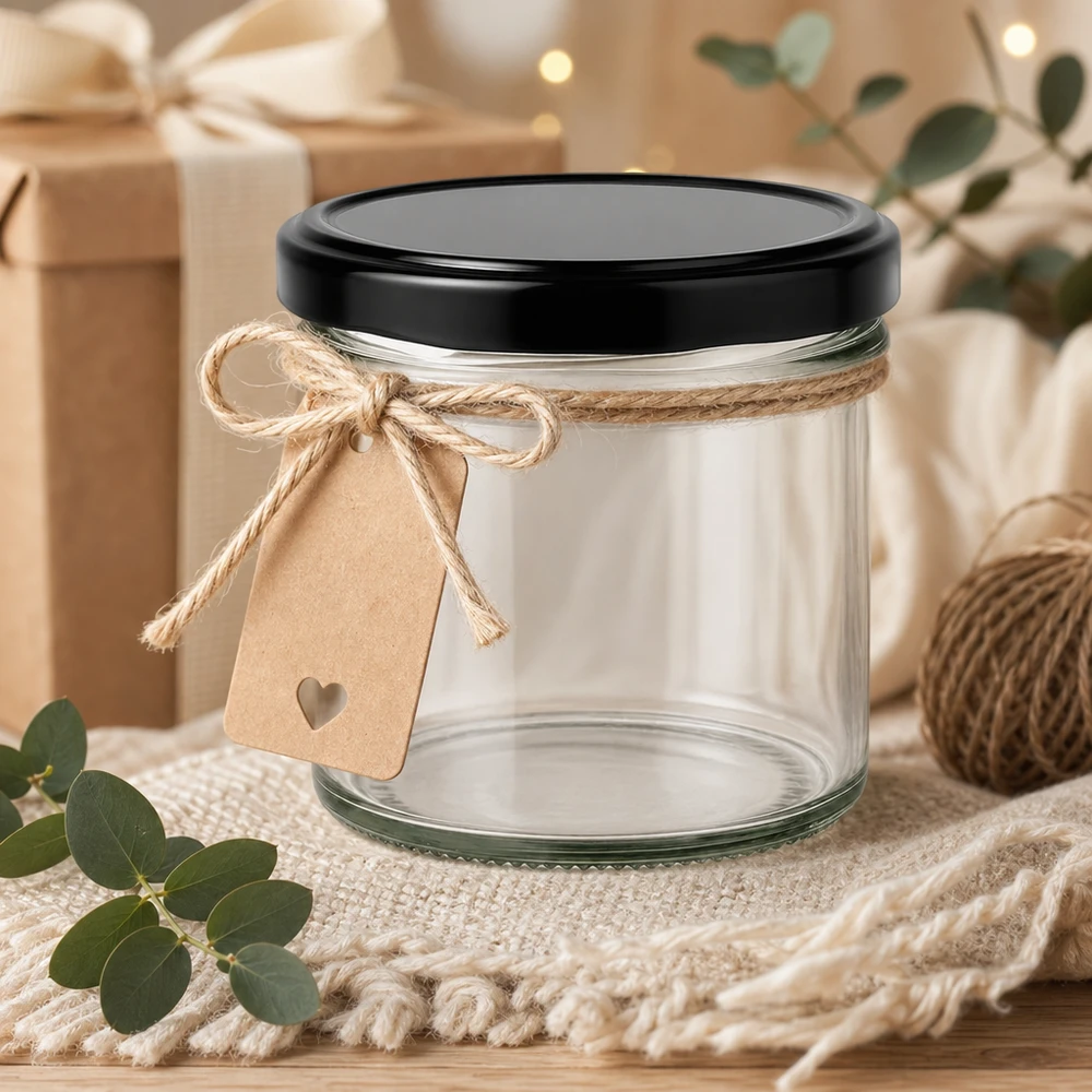Bicchieri da 125 ml con coperchio nero come idea regalo, decorati con cordino di iuta e ciondolo a cuore rustico