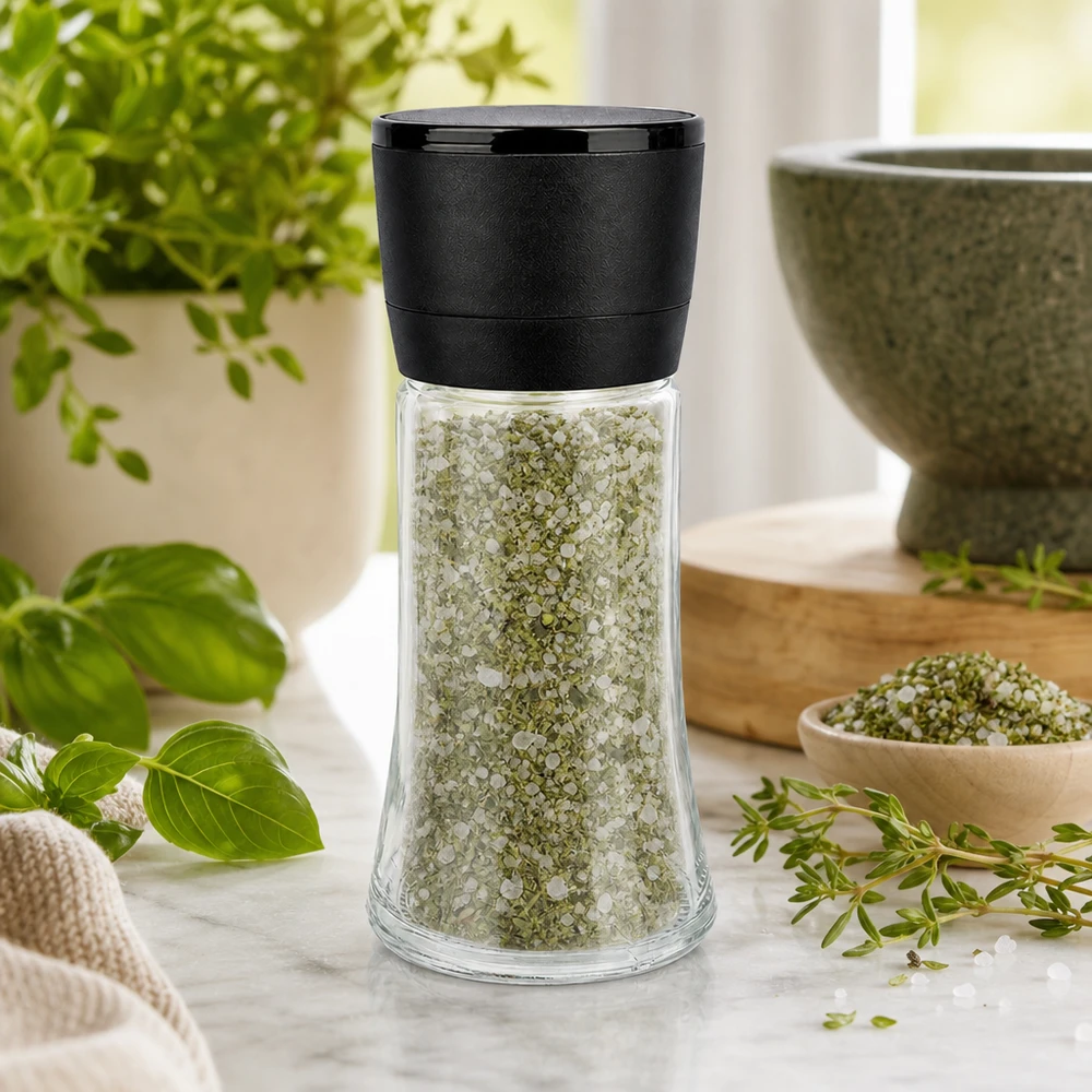 Pot à sel/épices 95 ml avec moulin Vario noir Gewürzmühle 95ml Vario schwarz mit sichtbarer Kräutersalzfüllung und Basilikum im Hintergrund