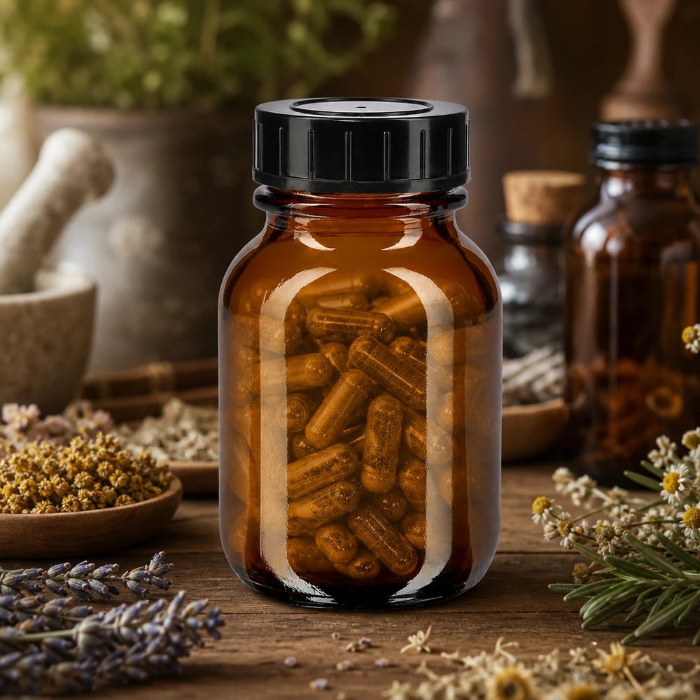 Bottiglia marrone a collo largo da 50 ml con tappo a vite ideale per capsule e integratori alimentari