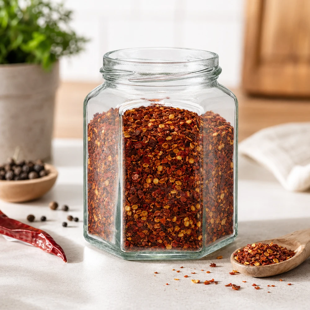 288ml Hexaglas ohne Deckel (TO63) UNiTWIST UNiTWIST Hexa288 sechseckiges Glasgefäß 288ml mit Chilliflocken gefüllt in moderner Küche