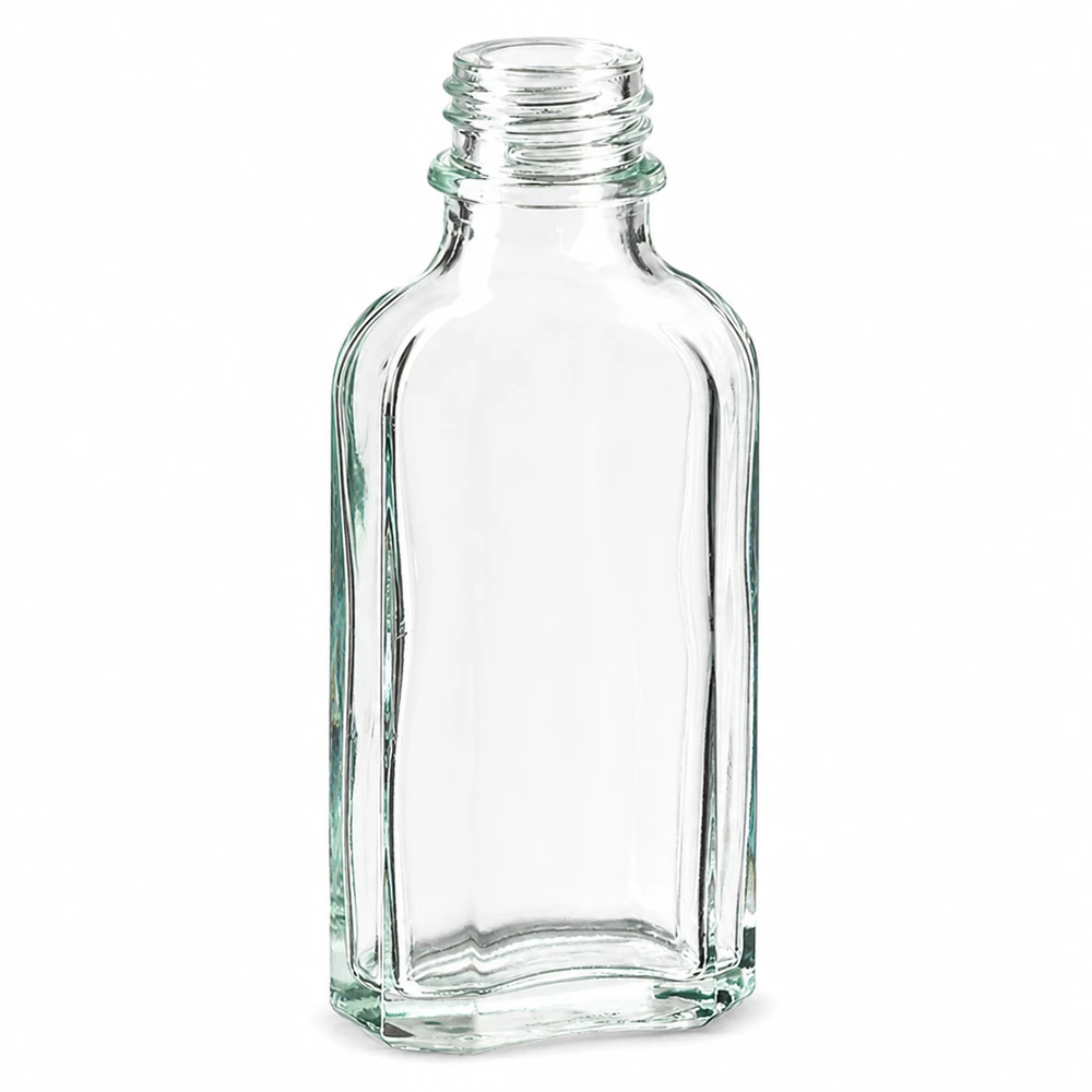 50 ml Meplatflasche klar DIN22 50 ml Flakon aus klarem Glas flach rechteckig mit DIN22 Mündung leer