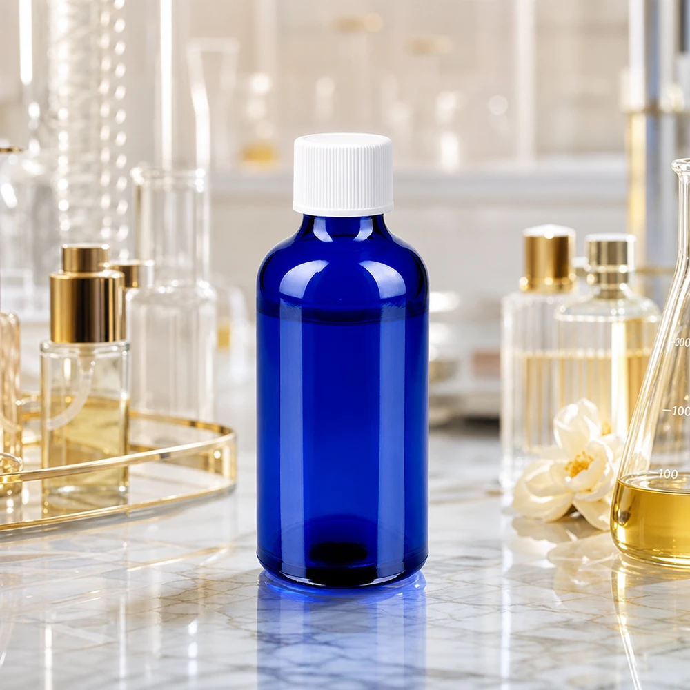 Elegante flacone in vetro blu cobalto da 50 ml con tappo bianco opaco per applicazioni cosmetiche