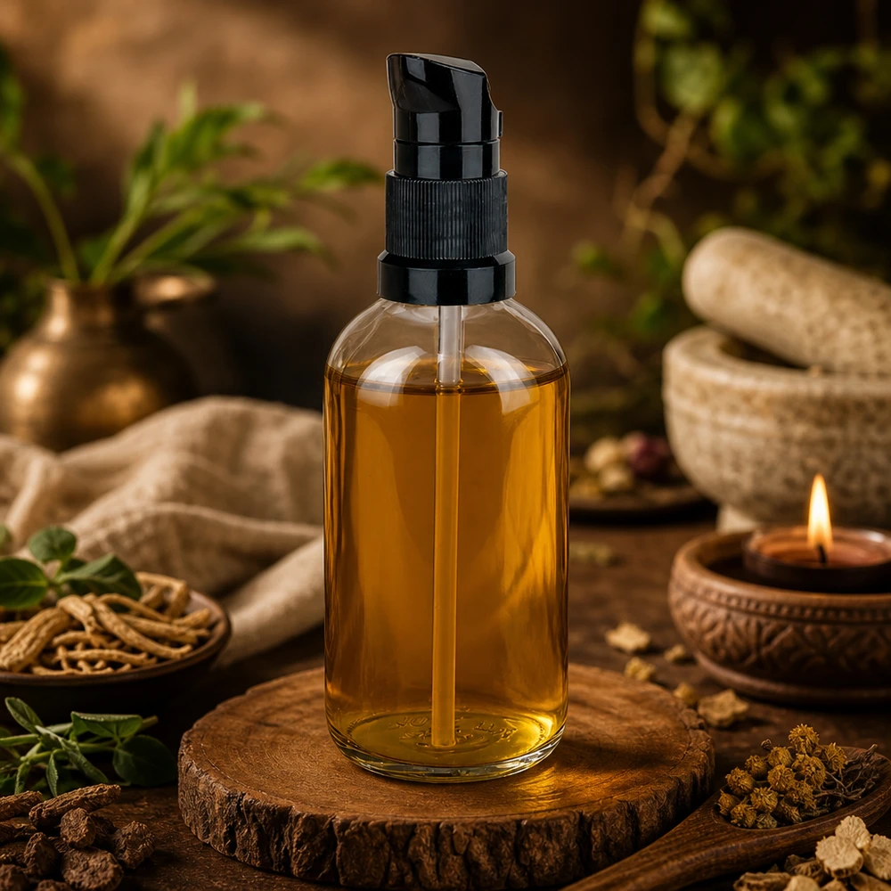 Flacone trasparente da 100 ml con dosatore nero, olio color ambra, sottobicchiere in legno, atmosfera ayurvedica