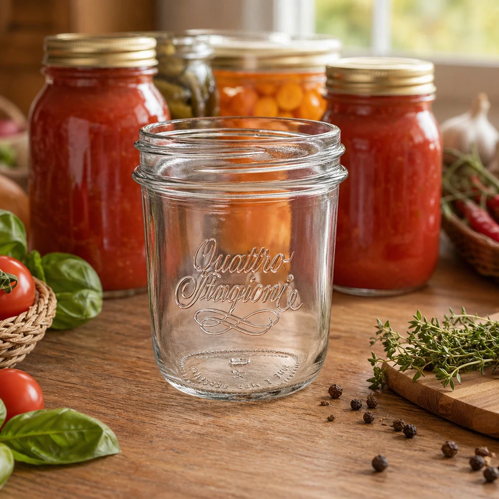 Bicchieri Quattro Stagioni da 320 ml con filetto QS86mm su un tavolo di legno davanti a vasi da conserva con pomodori ed erbe aromatiche