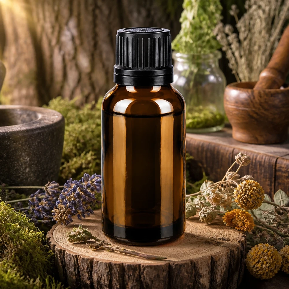Petit flacon de pharmacie marron de 20 ml muni d'un bouchon de sécurité noir pour enfants, au milieu d'herbes sauvages