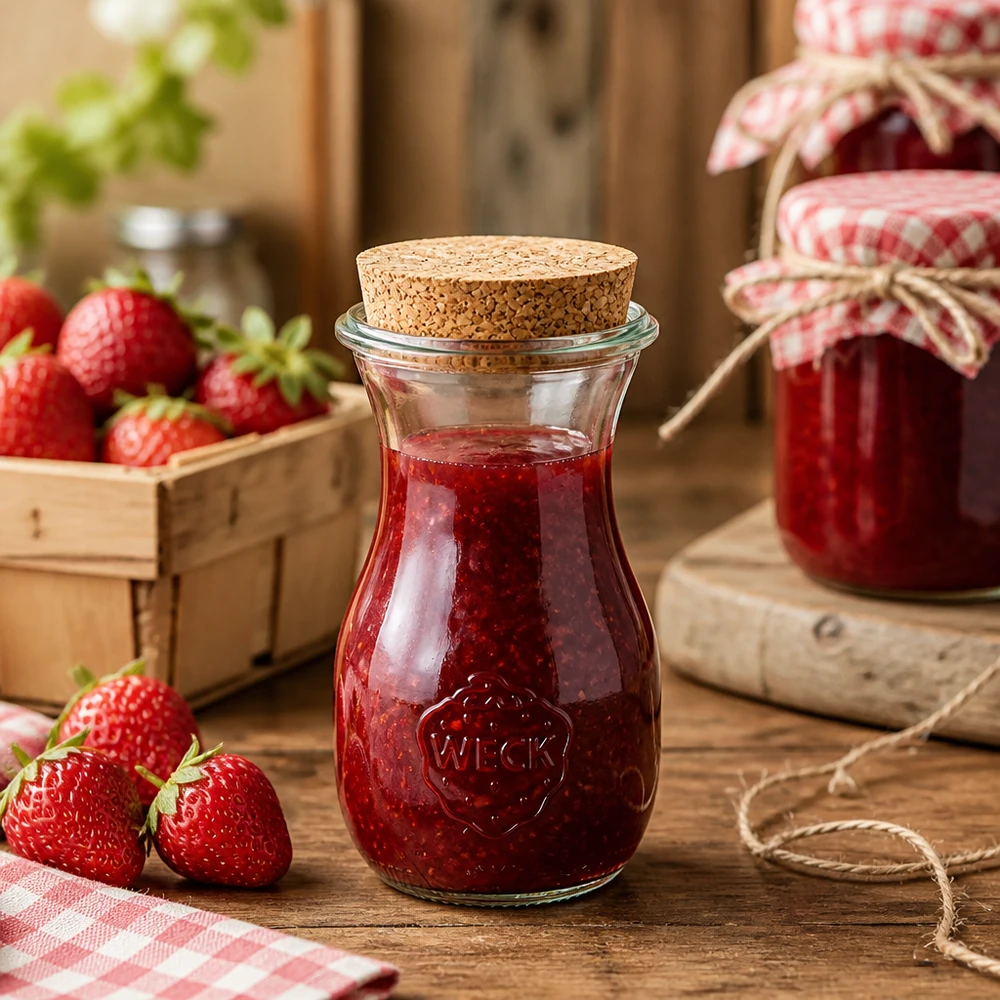 Bottiglia di succo da 290 ml WECK RR60 con tappo in sughero naturale Bottiglia di succo WECK da 290 ml con tappo di sughero riempita di marmellata di fragole in cucina rustica con fragole fresche