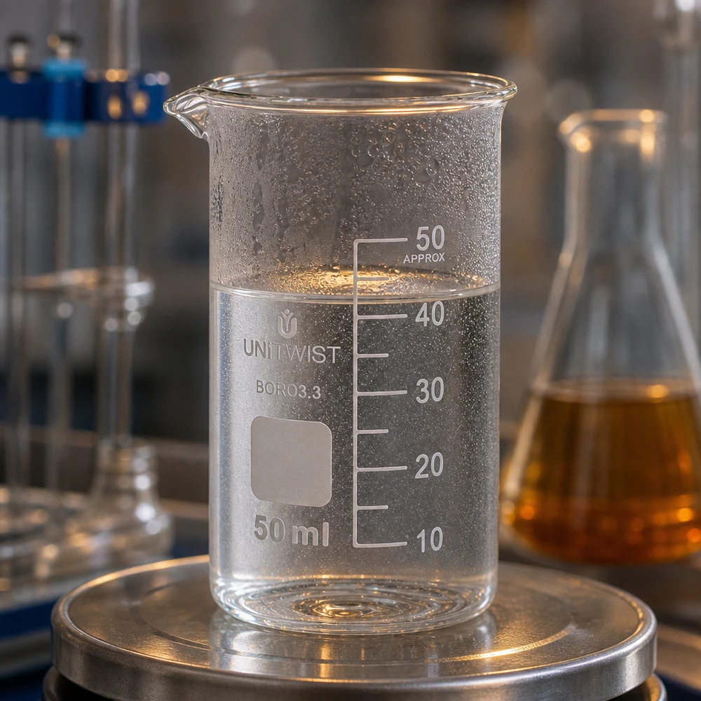 Bicchiere 50ml borosilicato, stampo alto UNITWIST UNITWIST Boccetta di vetro da 50 ml, forma alta, in borosilicato, su bilancia da laboratorio, con condensa all'esterno
