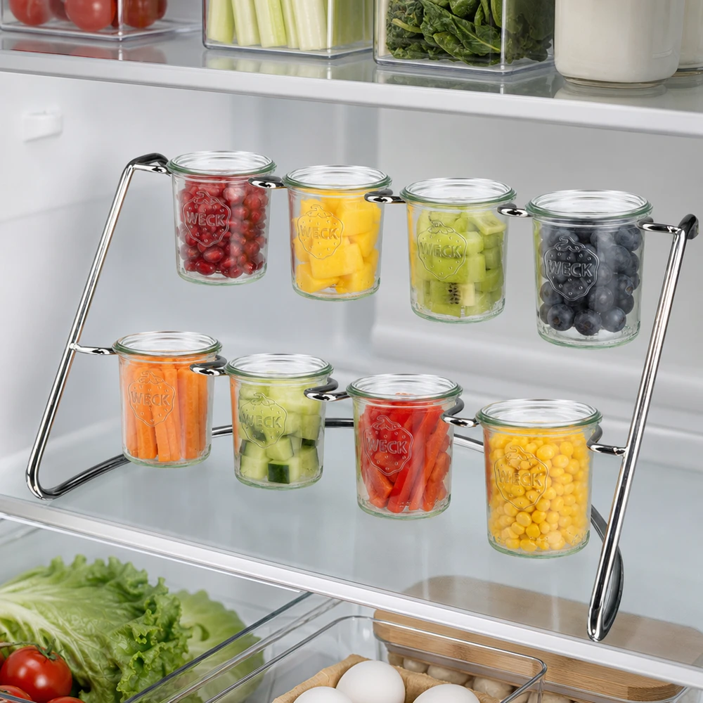 Présentoir Flato8 pour 8 bocaux WECK Serviergestell Flato8 im Kühlschrank mit frischen Gemüse und Obst in WECK Sturzgläsern zur praktischen Aufbewahrung