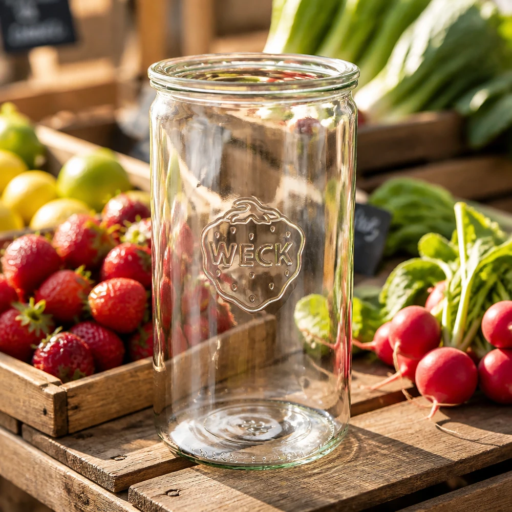 Vaso cilindrico da 1590 ml con coperchio in vetro WECK RR100 Vaso cilindrico WECK 1590ml RR100 su cassa di legno con ravanelli freschi fragole e verdure in un ambiente naturale