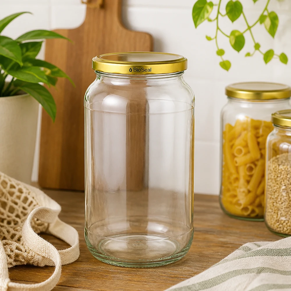 UNiTWIST Runda1062 barattolo vuoto dorato TO82 BioSeal coperchio scena cucina pasta cereali conservazione sostenibile