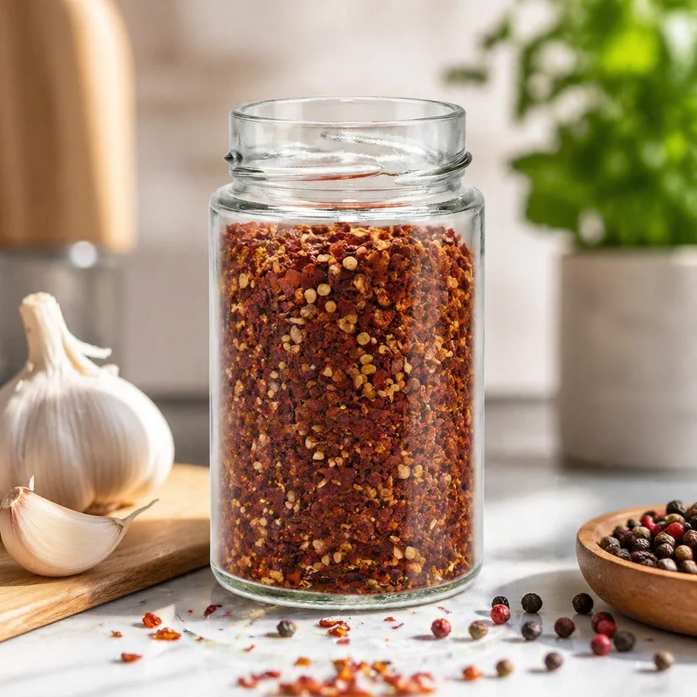 UNiTWIST Runda245 barattolo rotondo 245ml TO58deep riempito con miscela di spezie al peperoncino in cucina moderna con aglio