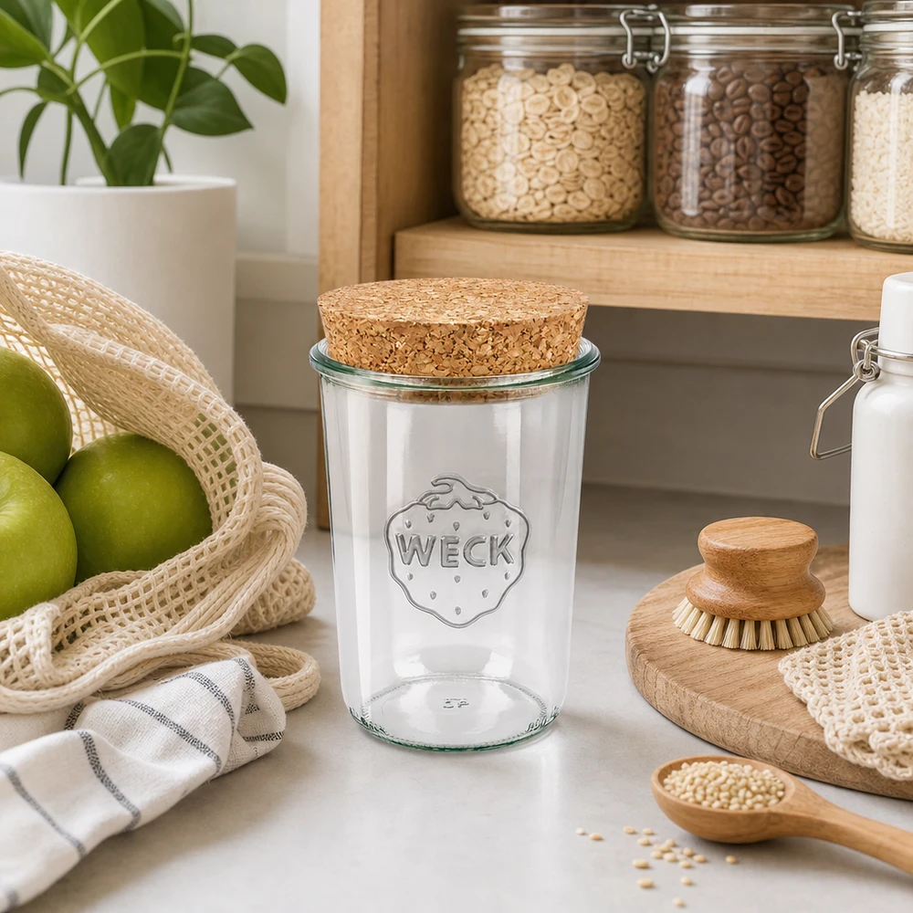 850ml Sturzglas WECK RR100 mit Korken natur WECK Sturzglas 850ml RR100 mit Korkdeckel in nachhaltiger Küche neben Vorratsgläsern Obst und Holzutensilien