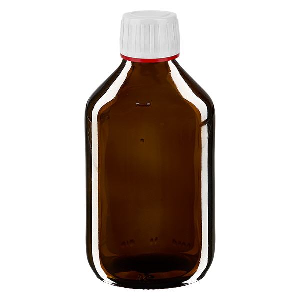 Flacone per medicinali da 250 ml marrone, tappo bianco antimanomissione Flacone per medicinali da 250 ml marrone, tappo bianco antimanomissione