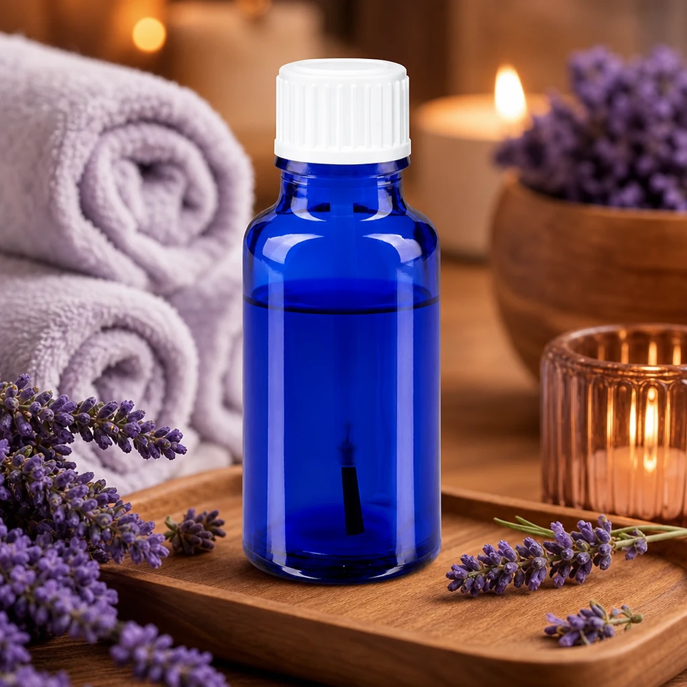 Aromatherapie-Flasche 20ml blaues Glas weißer Schraubverschluss Wellness-Setting