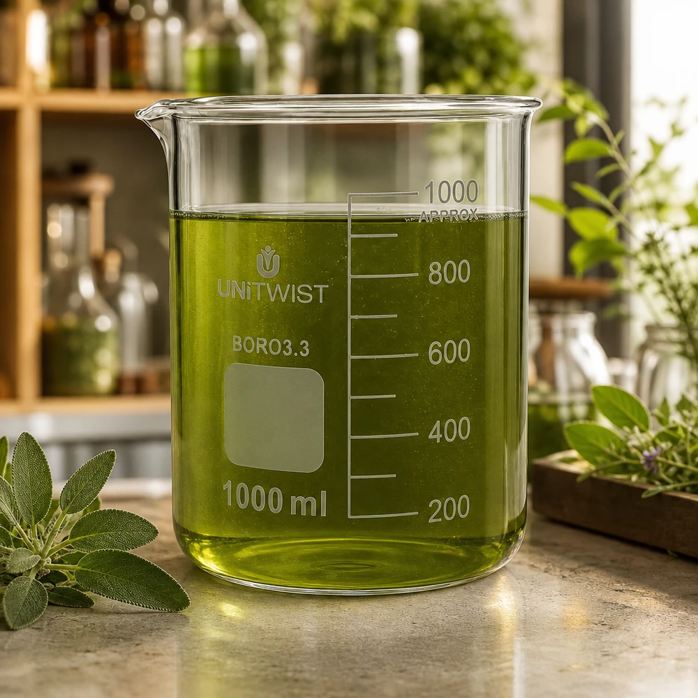 Bicchiere da laboratorio UNiTWIST da 1000 ml in borosilicato, di forma bassa, con estratto di erbe verde circondato da erbe fresche