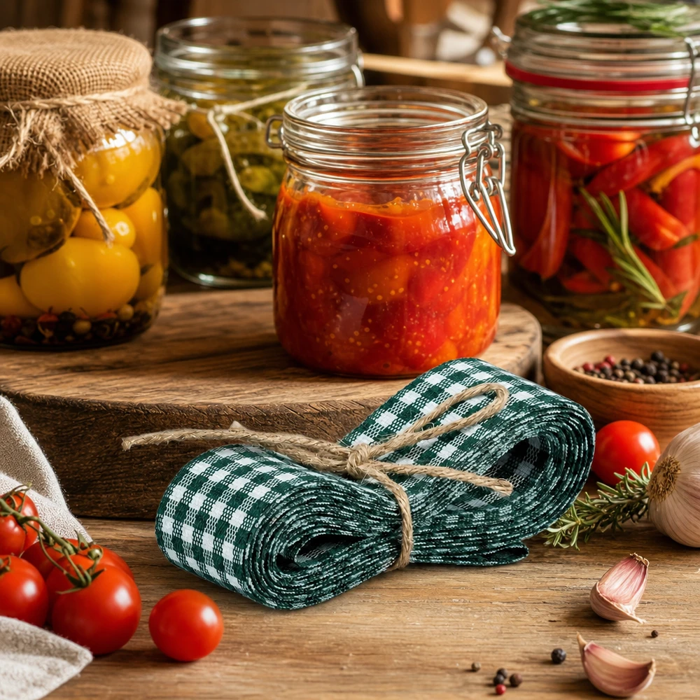 Nastro in tessuto verde/bianco per decorazioni, 300 cm Nastro decorativo verde e bianco di 300 cm in una cucina rustica con barattoli di conserva e pomodori freschi come ispirazione decorativa