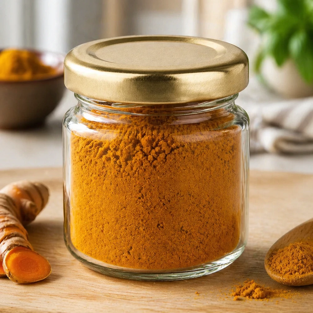 Barattolo rotondo UNiTWIST da 53 ml riempito con polvere di curcuma mostra l'uso come barattolo per spezie con coperchio dorato