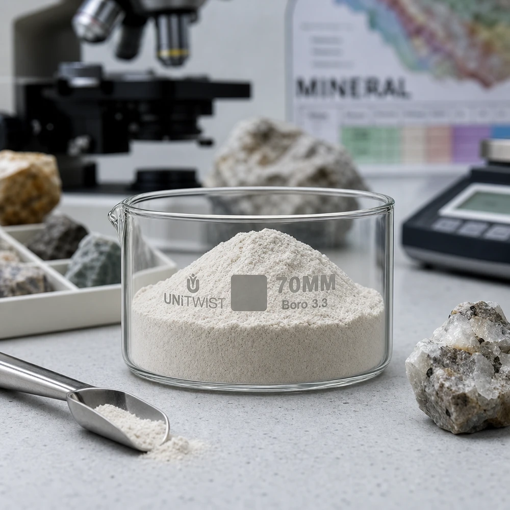 Vaschetta di cristallizzazione da 70 mm UNiTWIST Boro 3.3 con polvere minerale bianca nel laboratorio di geologia