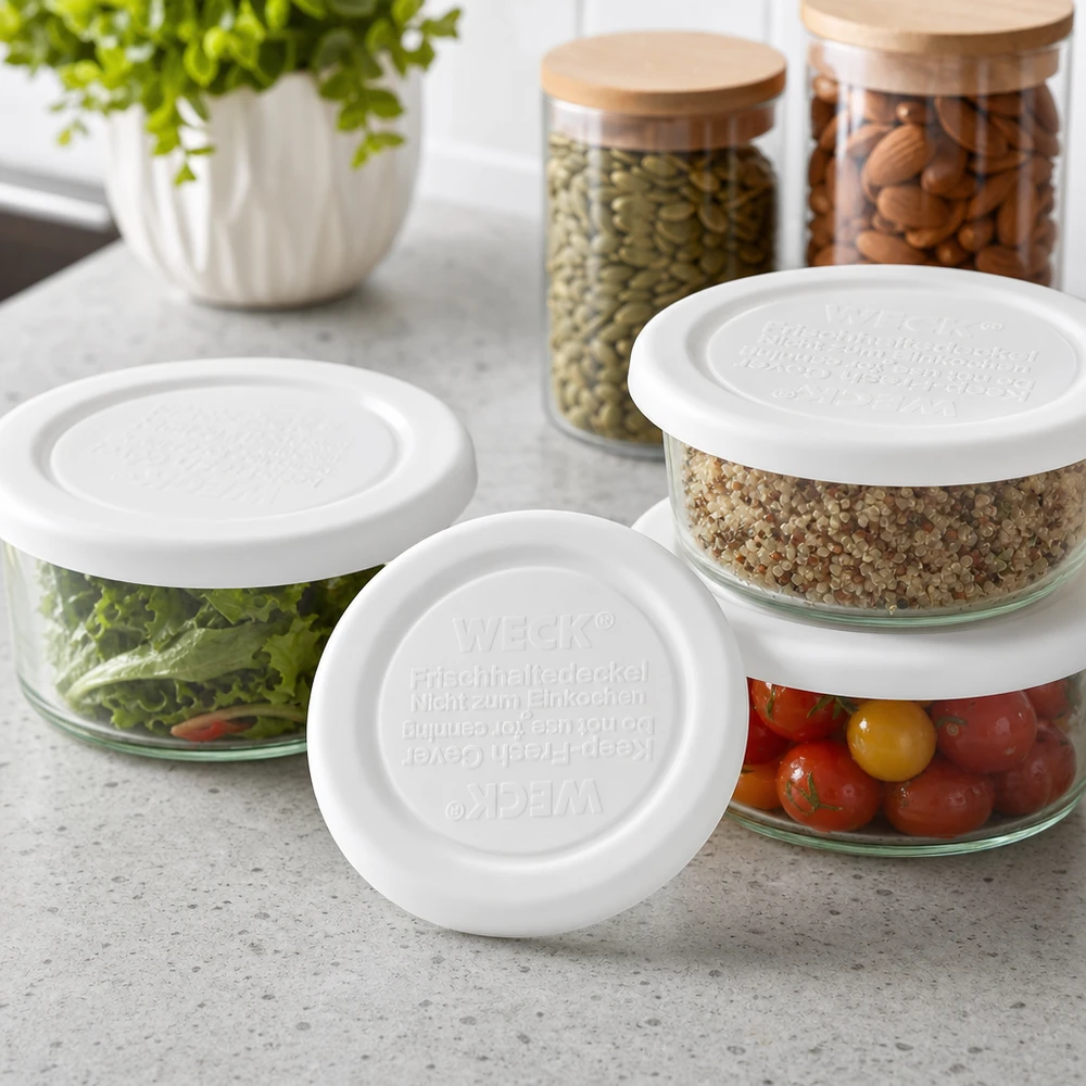 Coperchio WECK/REX Keep Fresh RR40 Coperchio WECK RR40 keep-fresh per ciotole in vetro con quinoa, pomodori e insalata - versatile per la cucina