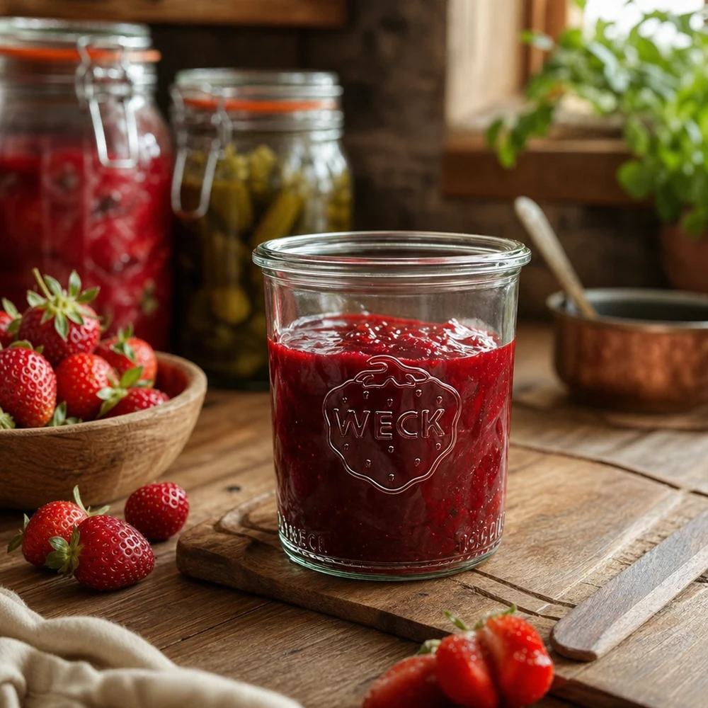WECK Sturzglas 160ml RR60 mit Erdbeermarmelade gefüllt auf Holztisch mit frischen Erdbeeren und Einmachgläsern