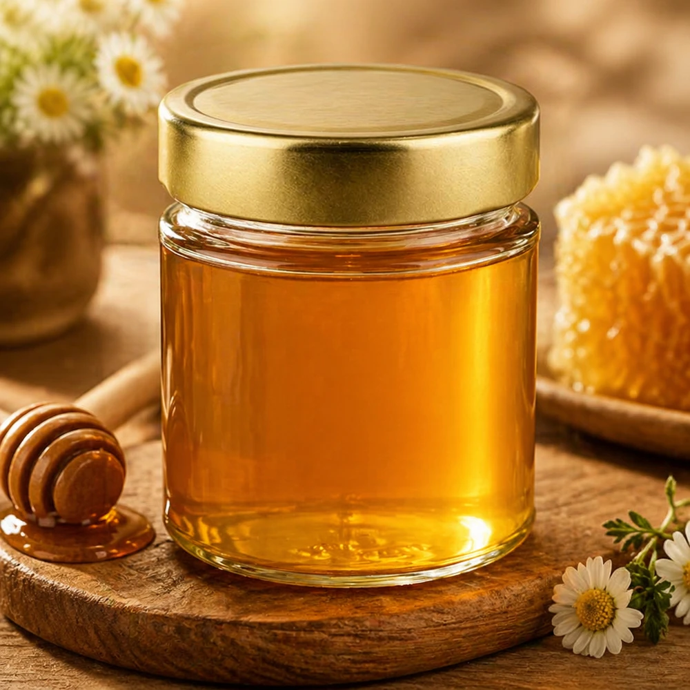 Vasetto rotondo da 154 ml con coperchio dorato pieno di miele Vasetto di miele con cucchiaio per miele fiori prodotto naturale