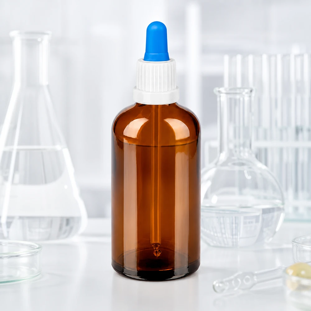 Bottiglia per pipette da 100 ml bianco/blu OV BrownLine UT18/100 Flacone dosatore da 100 ml marrone con pipetta in silicone blu per un dosaggio uniforme delle gocce