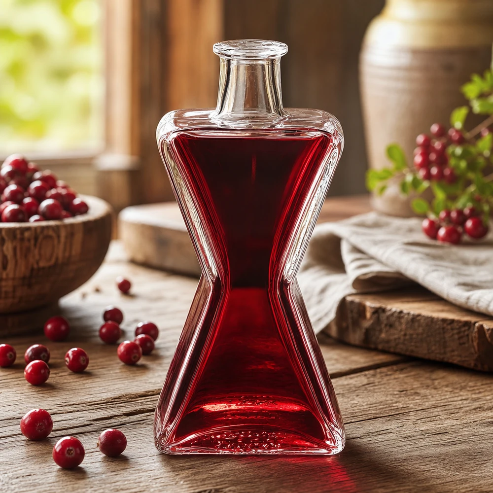 200ml Glasflasche Star mit rotem Cranberry-Saft befüllt neben frischen Cranberries auf rustikalem Holztisch
