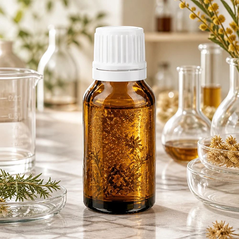 Apothekenflasche braun 15ml Schraubverschluss weiß Originalitätsverschluss Hochwertige Tropfflasche braun 15ml weißer OV-Verschluss umgeben von Kräutern und Glasgefäßen