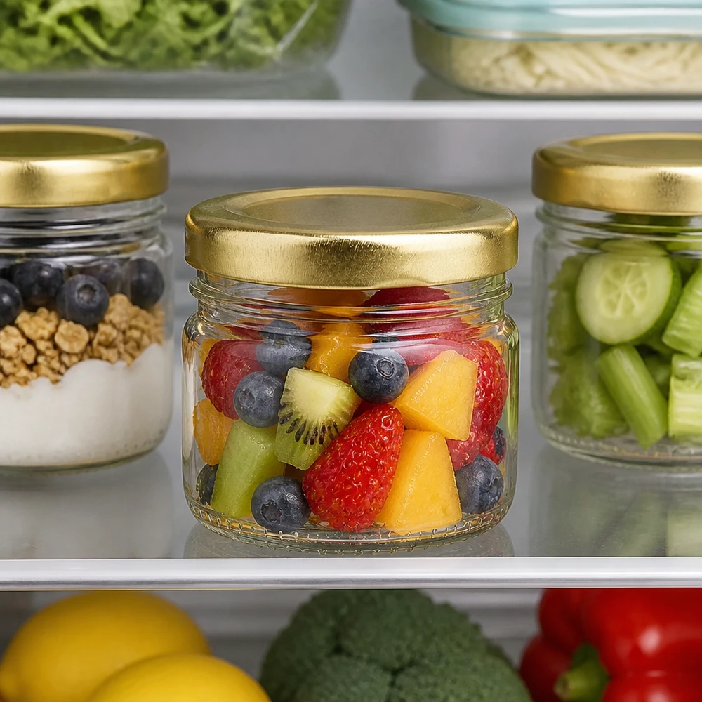 33ml Rundglas + BasicSeal Deckel gold UNiTWIST Meal Prep im Kühlschrank mit UniTwist 33ml Rundgläsern und goldenen Schraubdeckeln