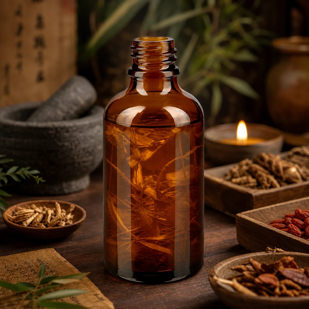 Flacone da farmacia in ApoGlas marrone da 50 ml con radici essiccate circondate da erbe medicinali tradizionali e lume di candela