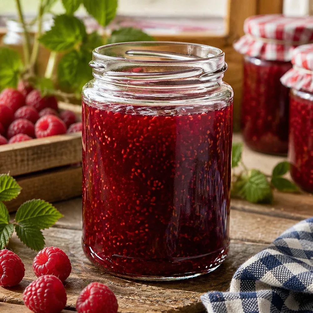 UNiTWIST Runda390 Rundglas 390ml TO70 mit Himbeermarmelade gefüllt auf Holztisch mit frischen Himbeeren