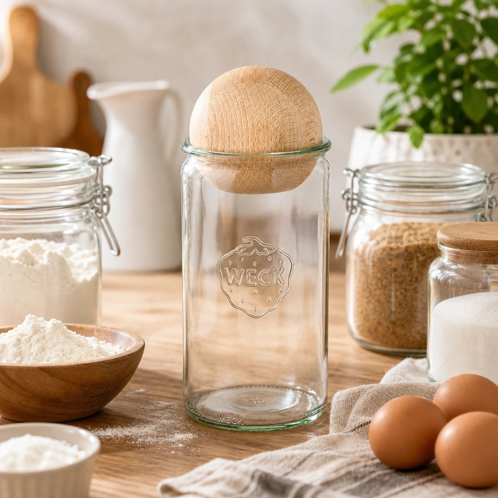 Vaso cilindrico da 1590 ml WECK RR100 con sfera in legno di faggio Barattolo cilindrico WECK 1590ml RR100 con sfera in legno di faggio in cucina per panetteria con farina, uova e ingredienti da forno