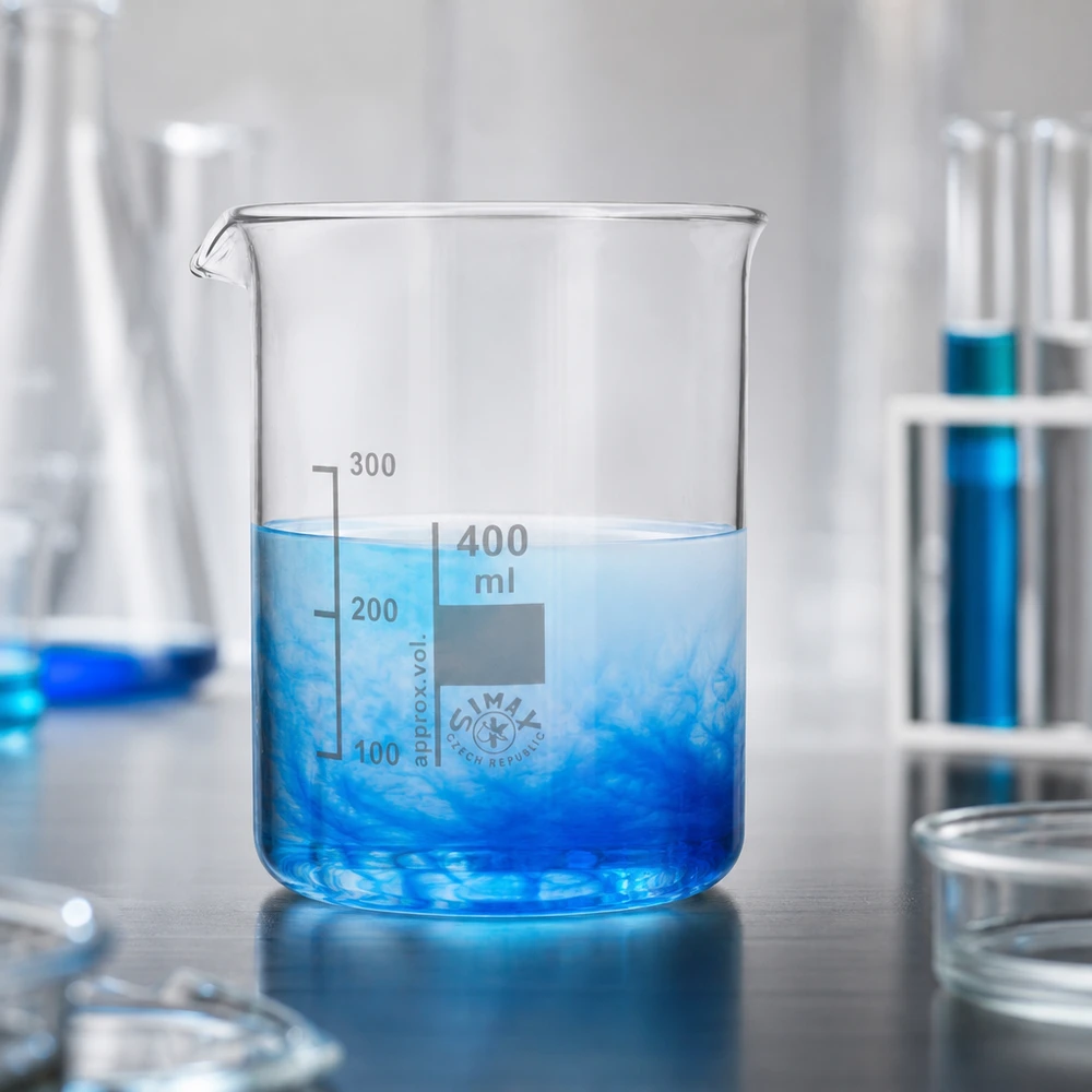 Bicchiere 400ml in vetro borosilicato, forma bassa Bicchiere trasparente da 400 ml con liquido blu e graduazioni in millilitri ben visibili
