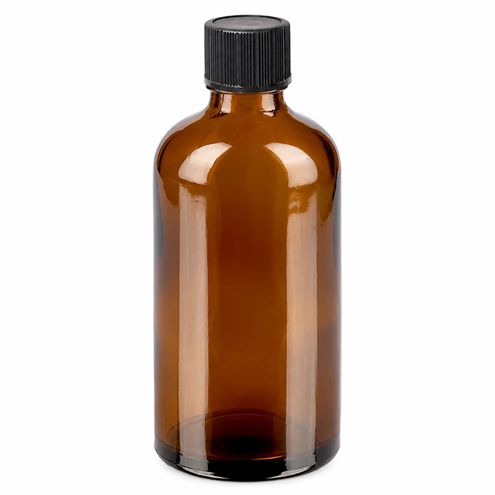 Flacone in vetro con protezione UV da 100 ml di colore ambrato con tappo contagocce nero