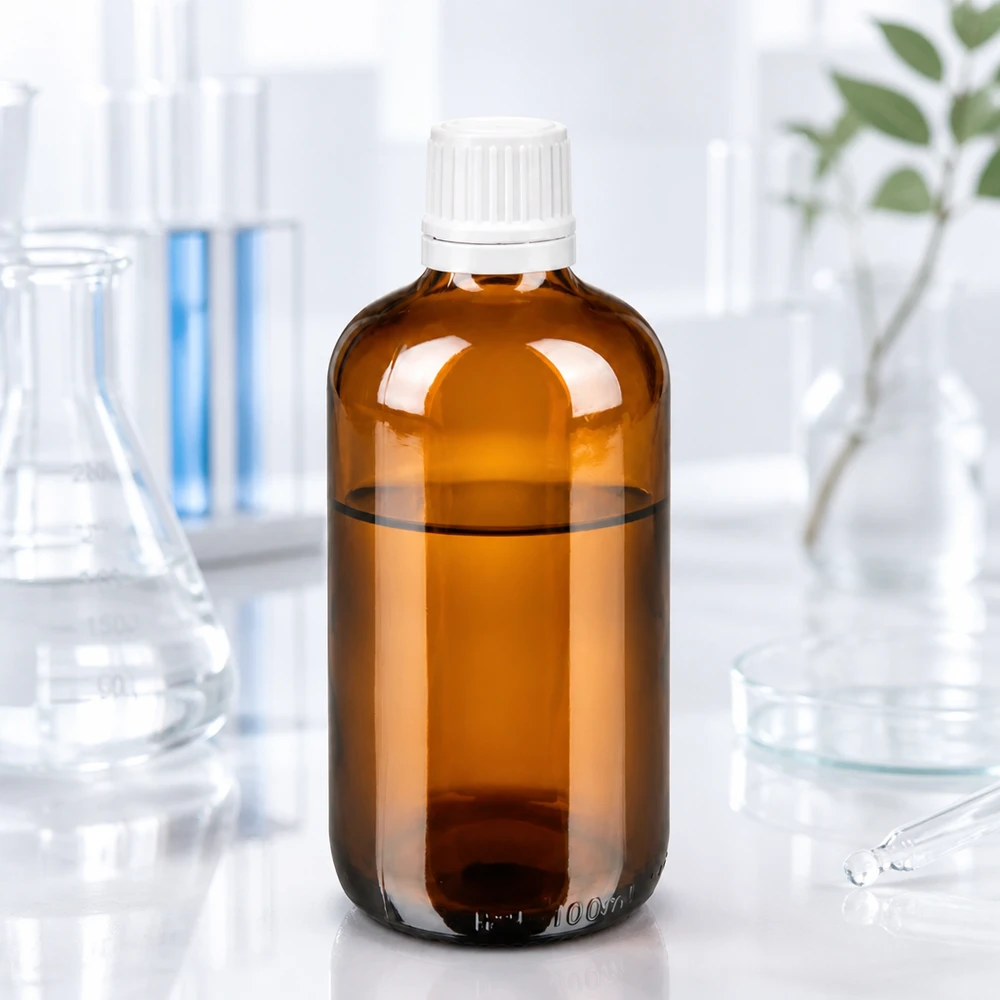Flacon de pharmacie de 100 ml en verre ambré, muni d'un bouchon OV blanc et d'un compte-gouttes de 0,7 mm, en laboratoire