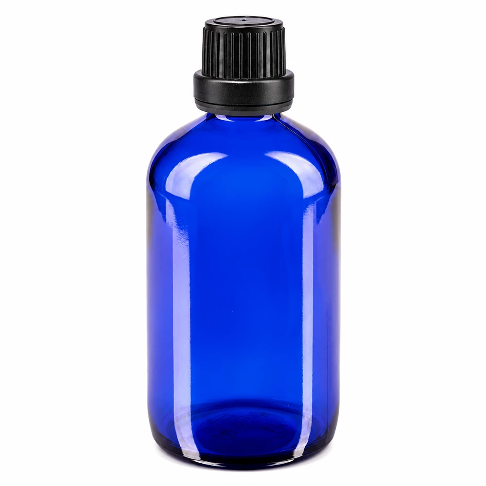 Flacon de pharmacie en verre bleu de 100 ml avec bouchon OV noir et compte-gouttes de 2 mm