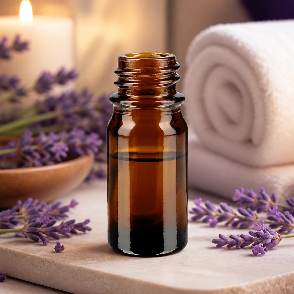 Flacon de médecine compte-gouttes 5ml brun DIN18 5ml flacon brun de pharmacie ApoGlas avec lavande et spa accessoires pour l'aromathérapie et les huiles essentielles