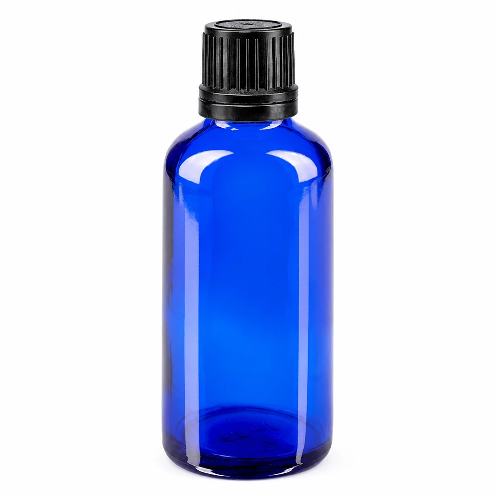 Apothekenflasche blau 50ml Schraubverschluss schwarz Giessring Originalitätsverschluss UV-schützende blaue 50ml Apothekerflasche Glas mit schwarzem 8mm Verschluss lichtgeschützt