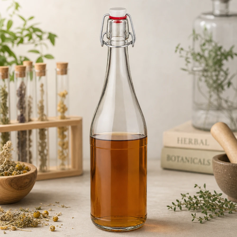 Bottiglia in vetro da 750 ml + tappo a battente in PVC UNiTWIST Bottiglia di vetro da 750 ml con tappo oscillante riempita di tisane erbe medicinali botaniche ingredienti naturali