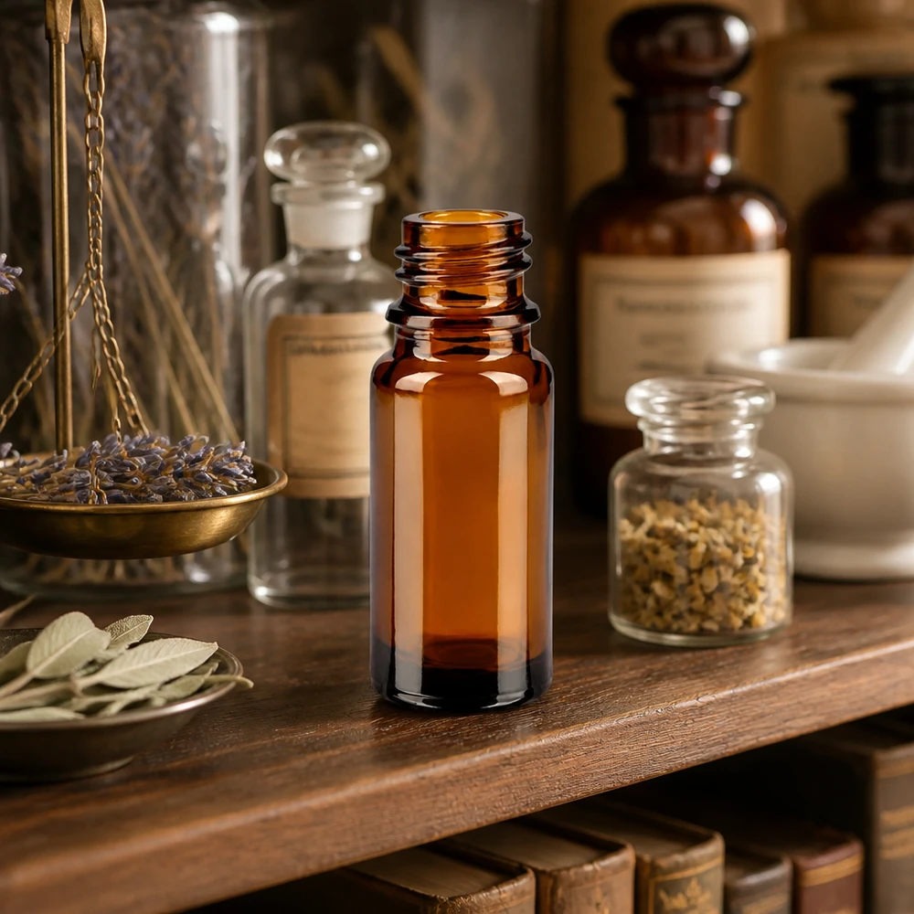 Flacone farmaceutico marrone da 10 ml ApoGlas Bottiglia da farmacia marrone ApoGlas da 10 ml con bilancia da farmacia vintage ed erbe medicinali su un ripiano in legno