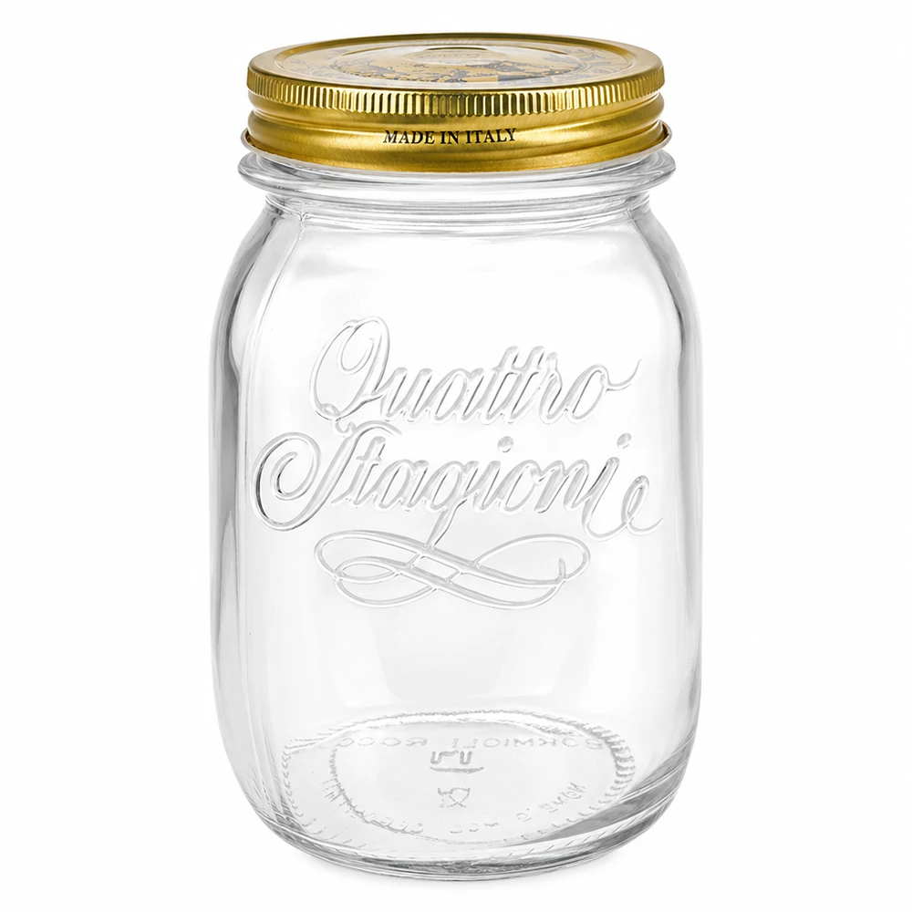 Barattolo rotondo "Quattro Stagioni" da 500 ml con coperchio Barattolo rotondo Quattro Stagioni da 500 ml con coperchio a vite dorato Made in Italy Barattolo per conserve Barattolo per stoccaggio trasparente