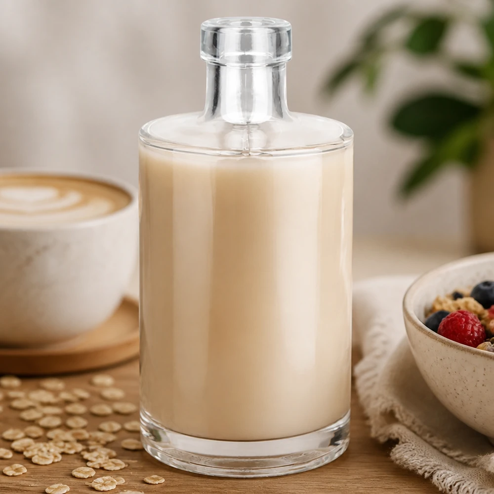 Bottiglia di vetro da 350 ml Marie riempita di latte d'avena cremoso accanto a tazza da caffè e ciotola per cereali Lifestyle Image 3 of 10
