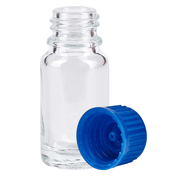 Bottiglia da 10ml 11mm SV blu STD ClearLine UT18/10 Flacone in vetro ClearLine da 10 ml UT18/10 con tappo contagocce blu, filettatura da 11 mm, aperto